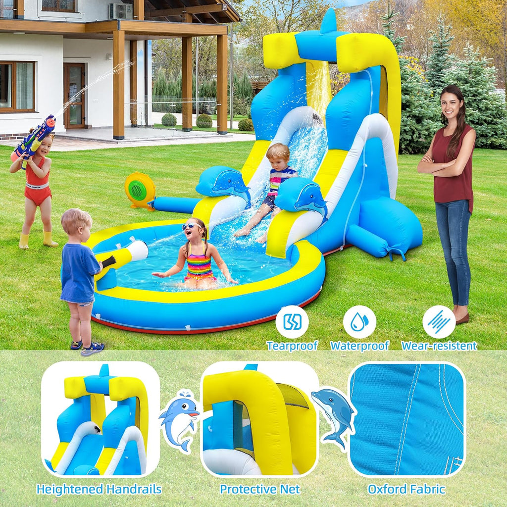 Inflatable Water Slide: 4 in 1 Bounce House Water Park Dolphin Style for Kids - Climbing Wall Splash Pool Water