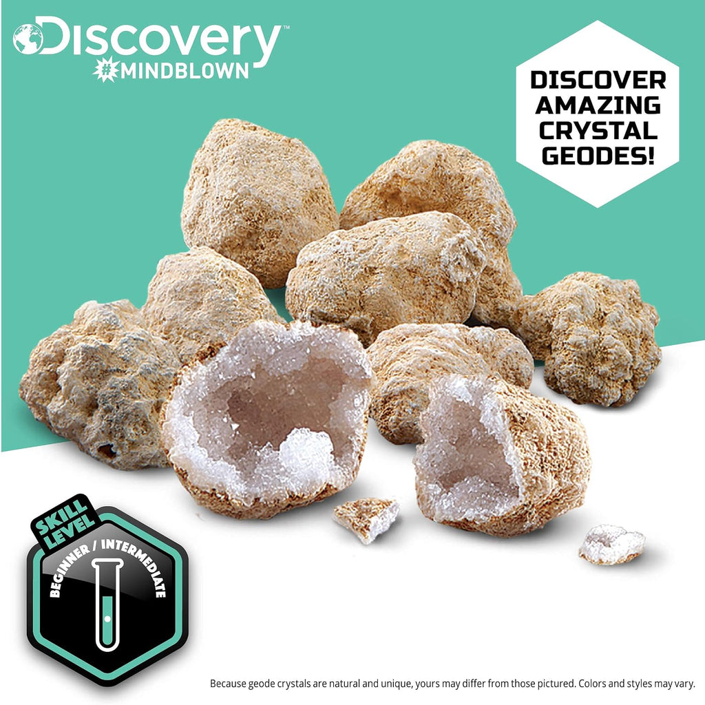 Mystery Crystal Geode Kit – Crack Open 10 Real Quartz Geodes| Includes Goggles, Magnifying Glass & Display Stands|