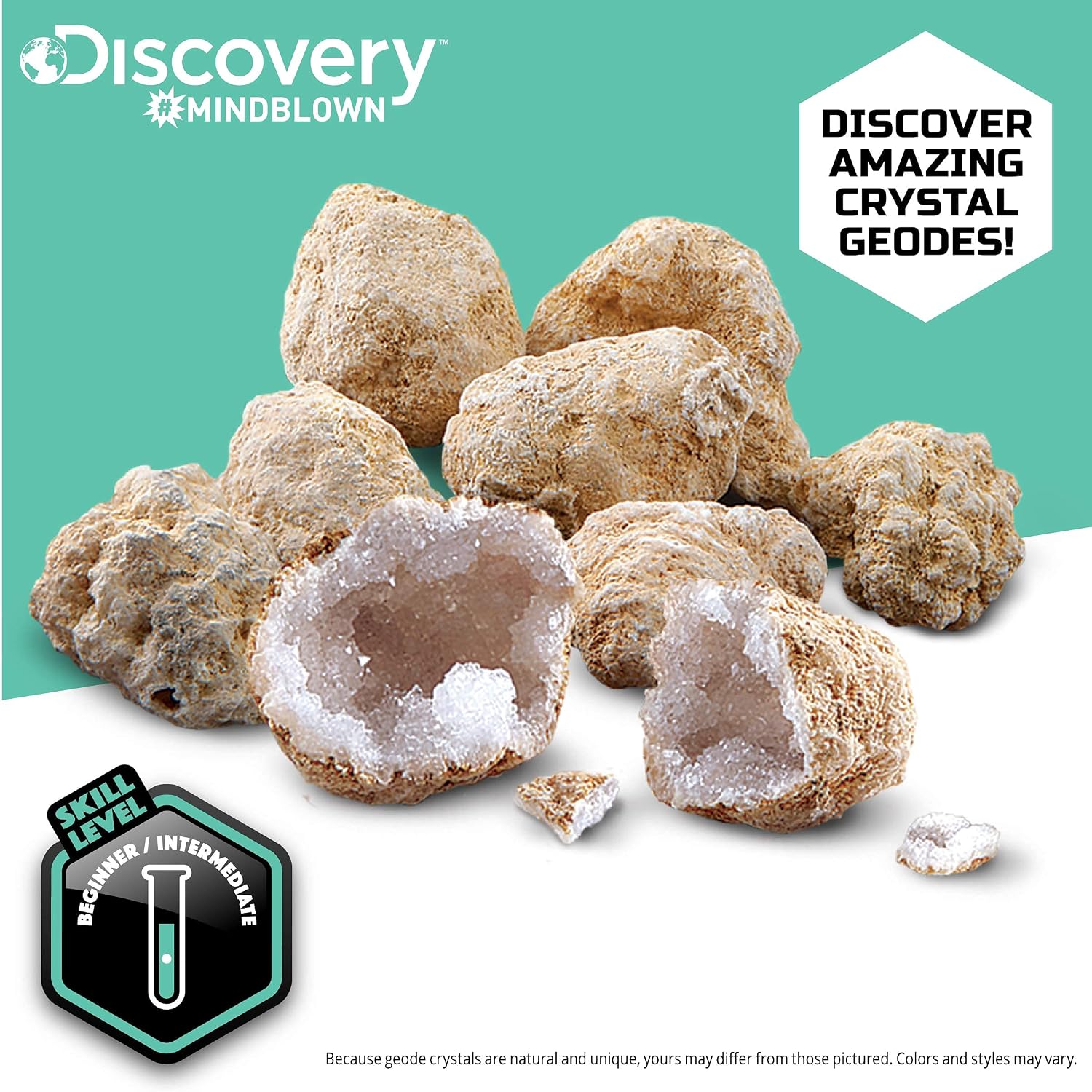 Mystery Crystal Geode Kit – Crack Open 10 Real Quartz Geodes| Includes Goggles, Magnifying Glass & Display Stands|