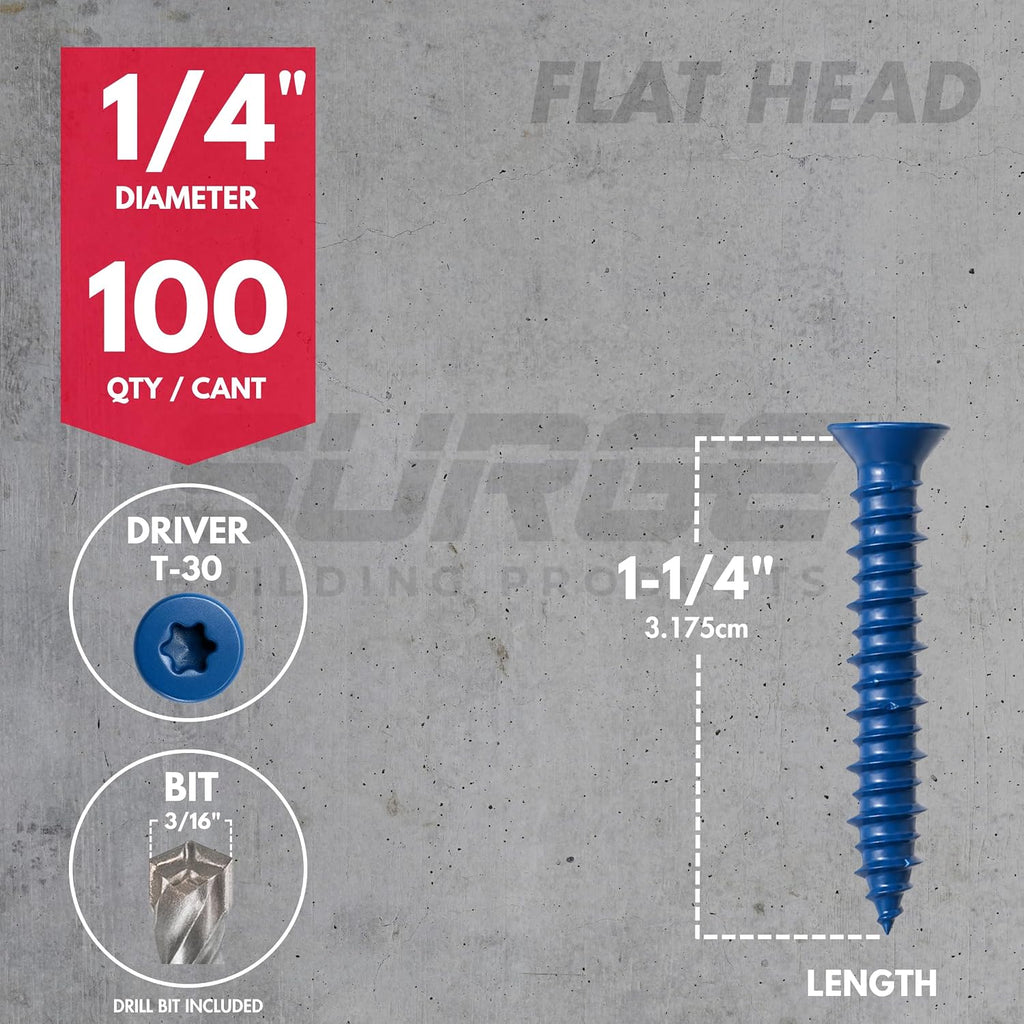 1/4" x 1-1/4" Flat Head Blue Concrete Screws with Drill Bit (Box of 100) | 1-1/4 Inch Star Torx Drive Masonry Screws
