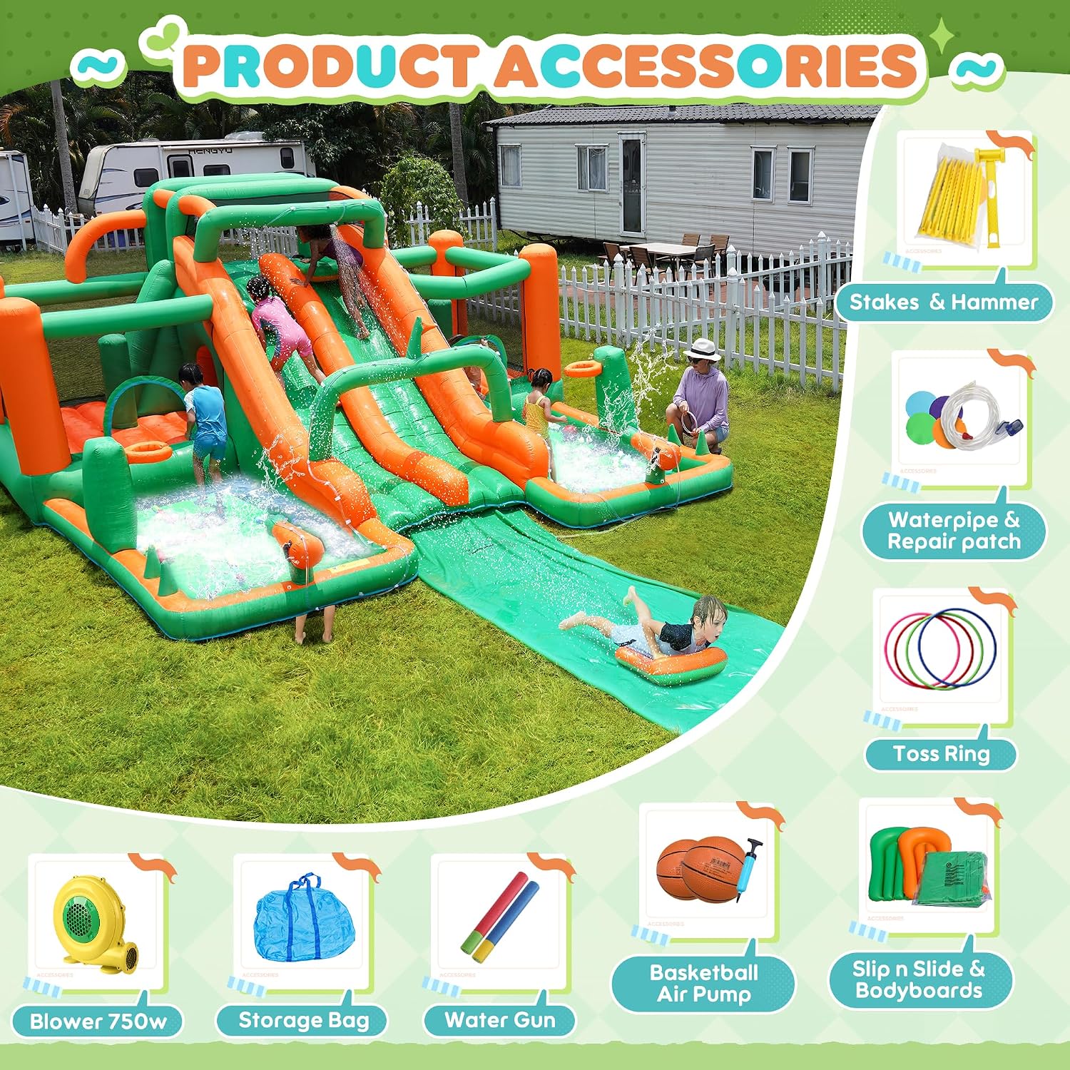 Inflatable Water Slide with 2 Bounce Houses, Mega 10-in-1 Water Park for Kids Backyard with Dual Racing Slides and 6m