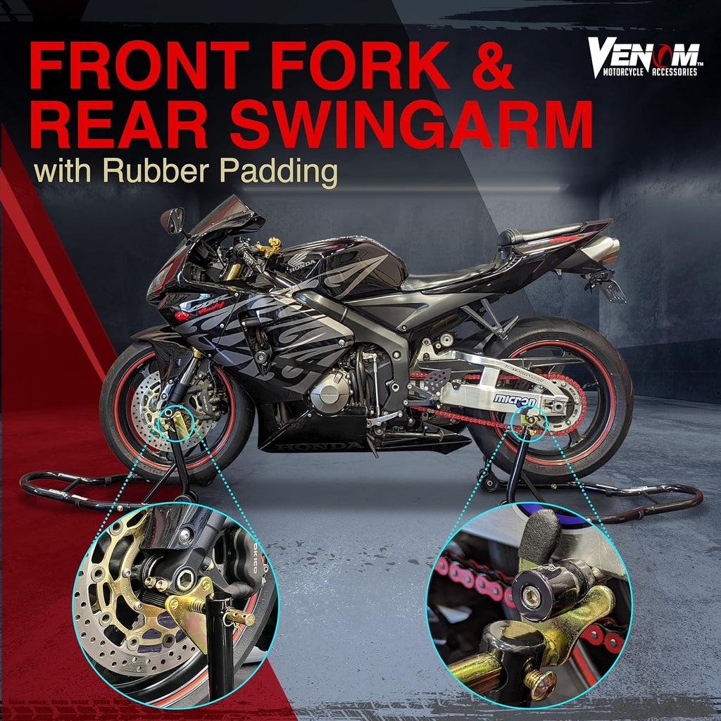 Motorcycle Stand Lift, Front & Rear Combo, Universal Paddock Lift Stand, Front Wheel Fork Stand Rear Wheel Swingarm