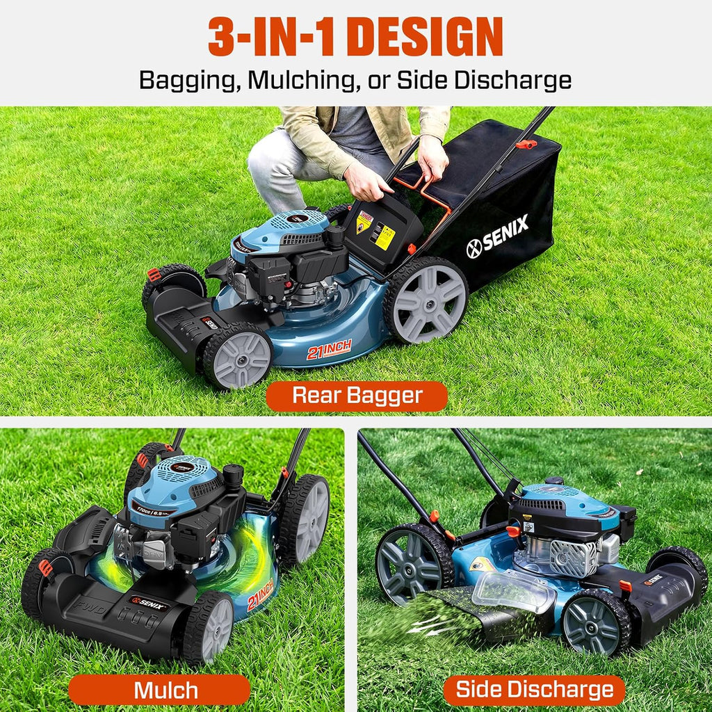 21'' Self Propelled Gas Lawn Mower 170 cc 3-in-1, 6-Position Cutting