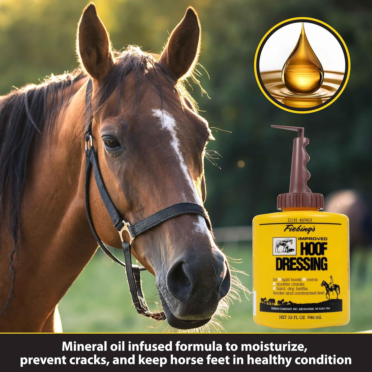 Hoof Oil for Horses with Mineral Oil (32 oz) - Hoof Dressing with Applicator Brush to Condition Dry, Split Hooves &