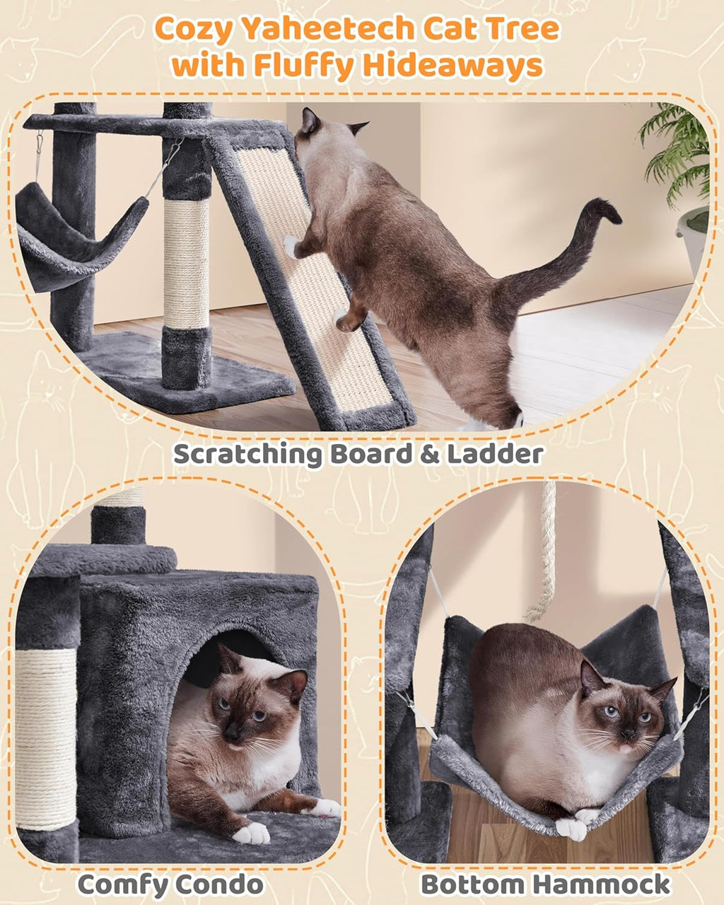 Yaheetech 63in Large Cat Tree for Heavy Cats up to 22lbs, Anti-Wobble Tower with Condo & Hammock, Space-Saving for
