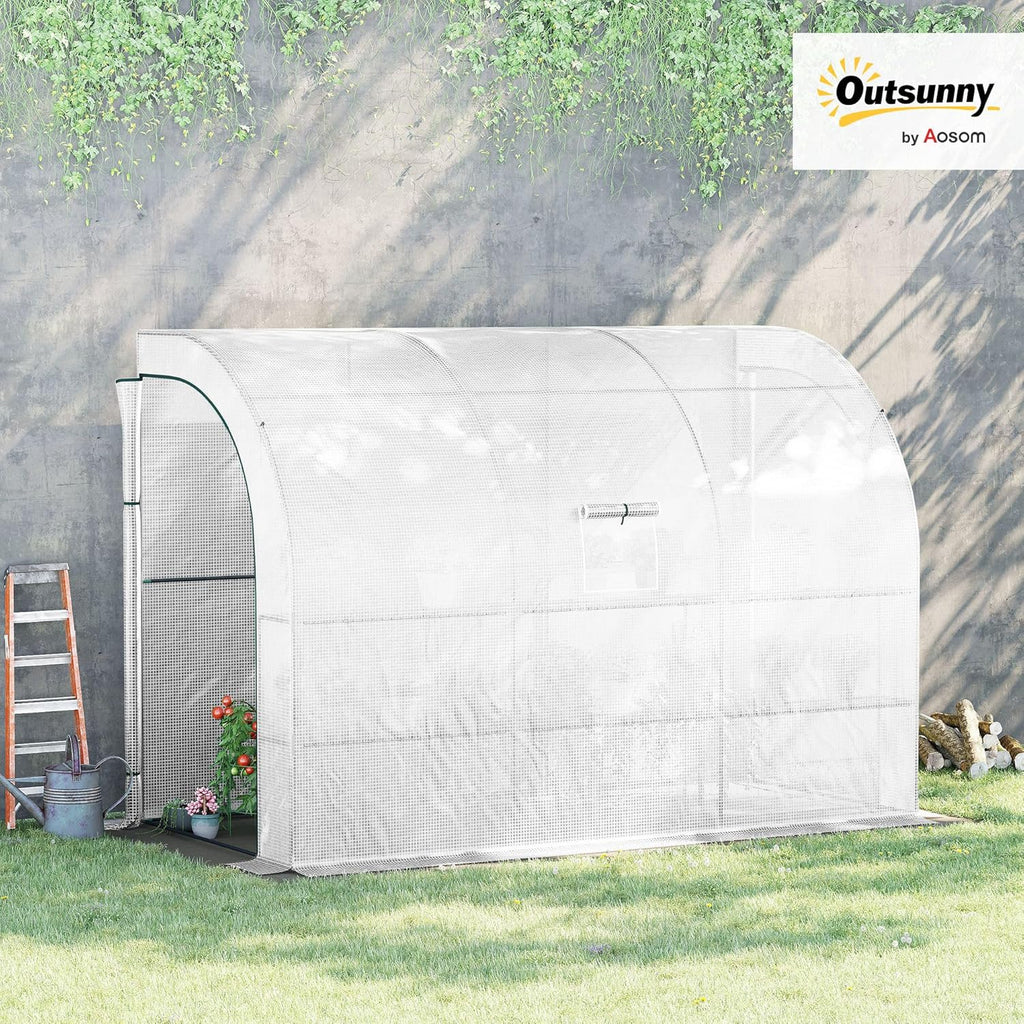 10' x 5' x 7' Lean to Greenhouse Walk-in Green House White | Plant Nursery, 2 Roll-up Doors, Windows, PE Cover, 3