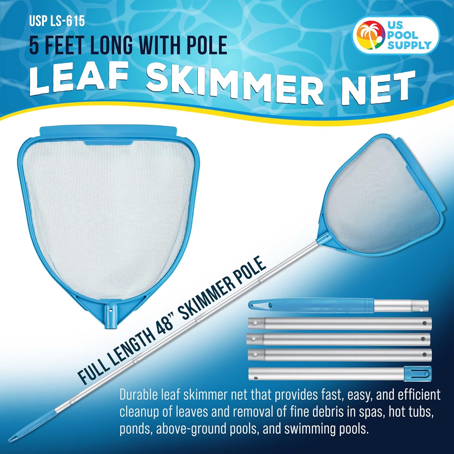 Pool and Spa Skimmer Net with Pole, Handheld Fine Mesh Pool Skimmer Net - Hand Held Spa, Hot Tub, Pond Cleaning