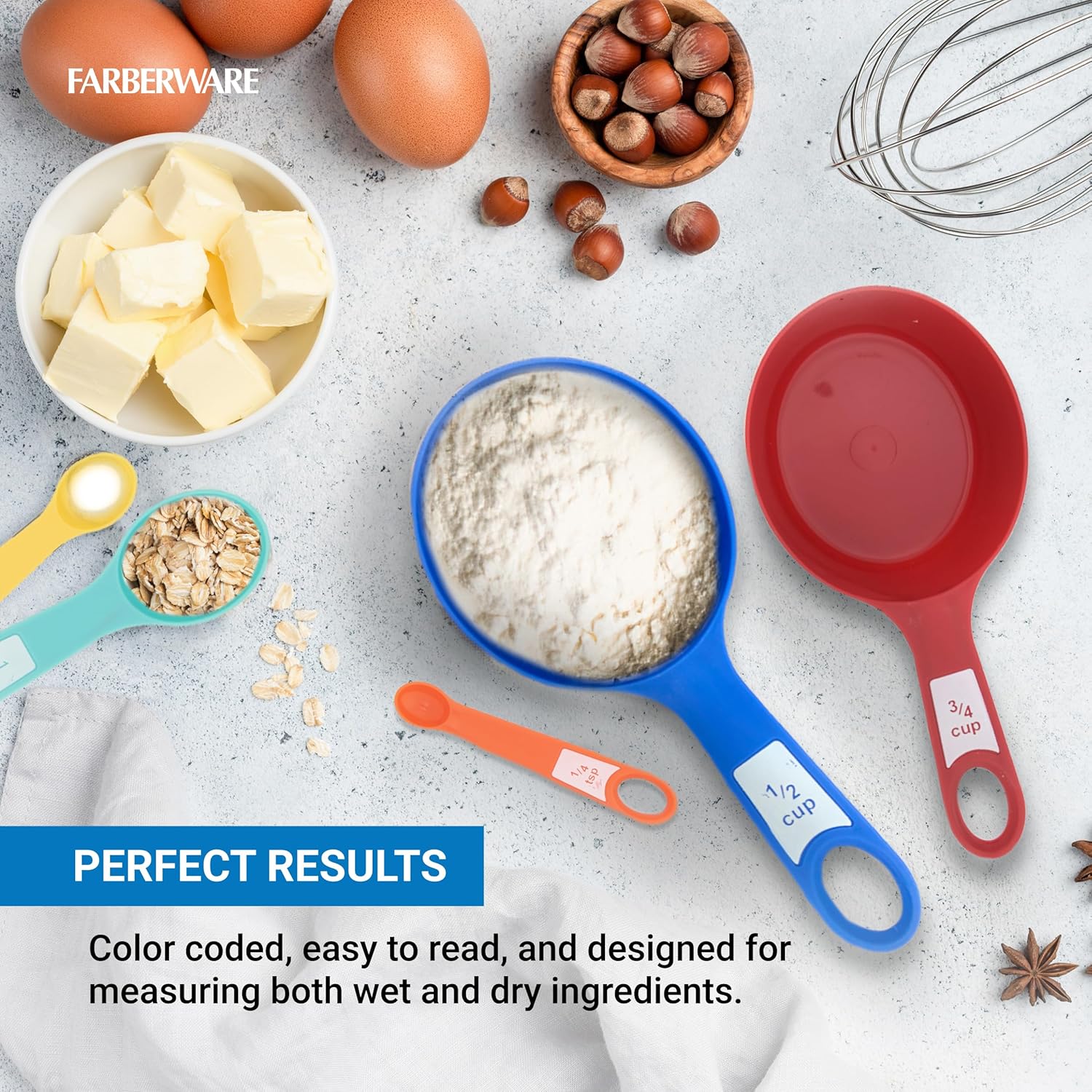 12-Piece Measuring Cup and Spoon Set – Color-Coded Kitchen Measuring Tools with Easy-Read Markings, Nesting Design