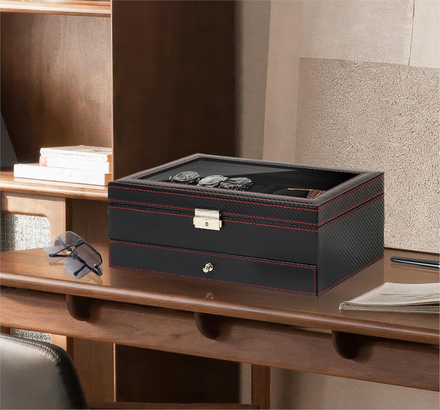 Watch Jewelry Box Organizer, 6-Slot 2-Layer Watch Case and Sunglasses Storage with Large Glass Lid, Men's Jewelry Box
