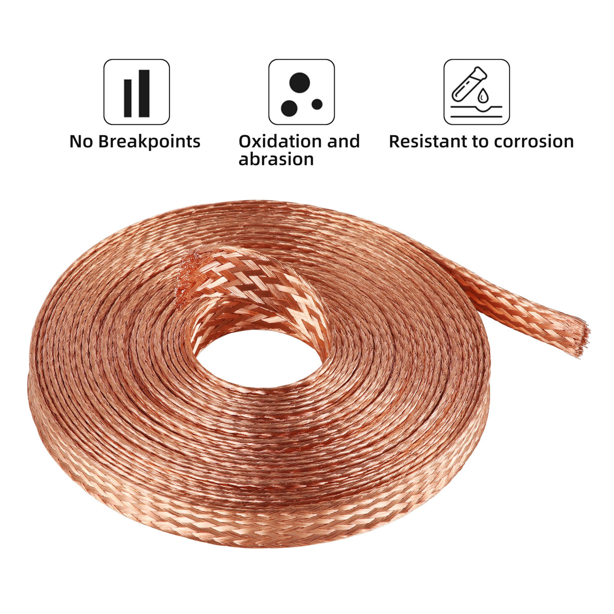 10FT Flat Copper Braid Cable, KWOKWEI 5/8" Braided Copper Ground Strap, Ground Lead Bare Flexible Spiral Shielding Wire Mesh for grounding and bonding