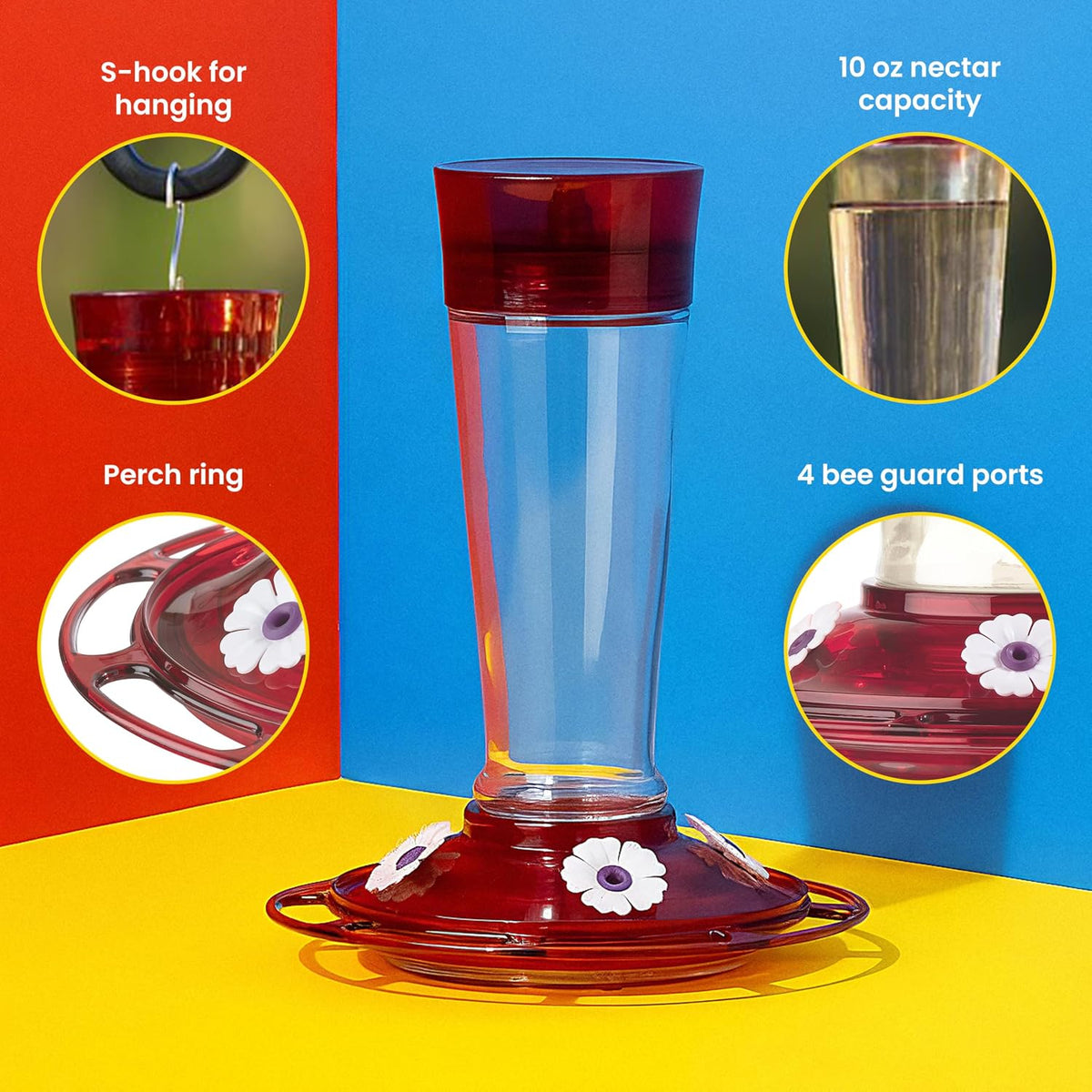 Bird Health+ Ruby Hummingbird Feeder, Glass Hummingbird Feeders for Outdoors, 4 Feeding Stations, 10 Ounces, Ruby Red