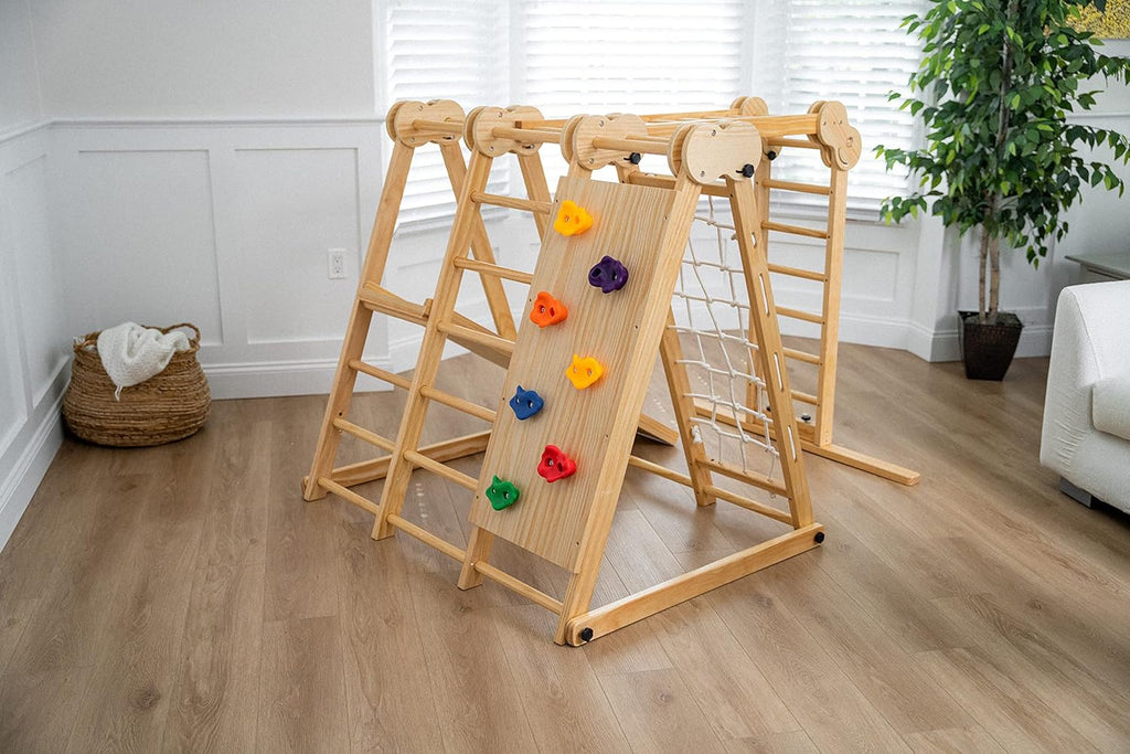 7-in-1 Indoor Playset for Kids 2-6 with Slide, Climbing Wall, Ladder, Net, Bars, Swing, Ring - USA