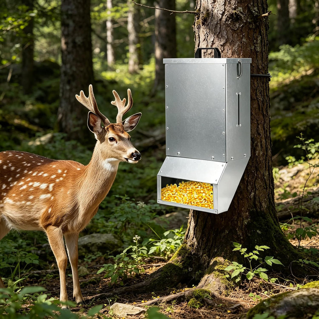 7 Gallons Box Deer Feeder Box, Tree Protein Feeder, Heavy Duty Hanging Gravity Deer Feeder Automatic Dispenser Feeds