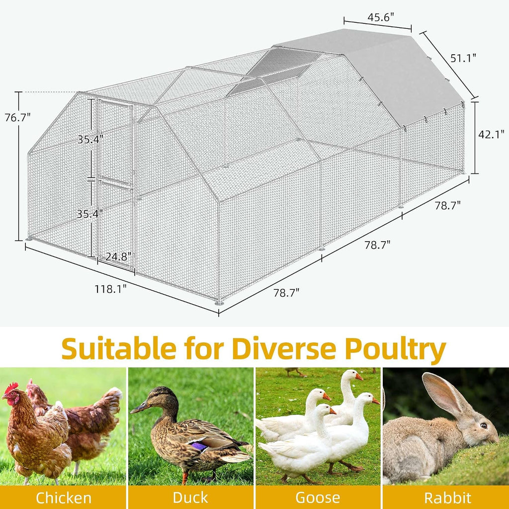 19.1 x 9.8 x 6.4 ft Large Metal Chicken Coop for 20-30 Chickens