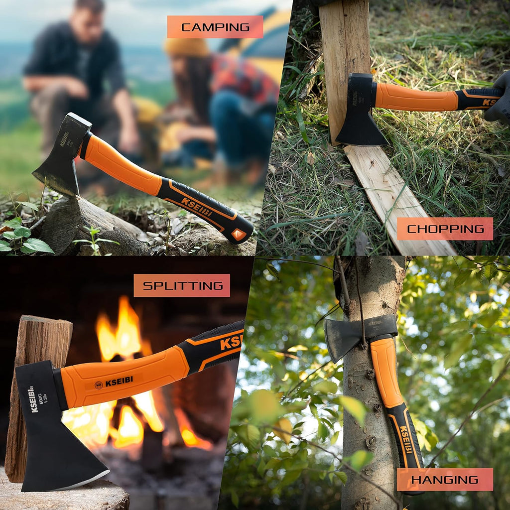 Wood Axe, Small Outdoor Camp Hatchet for Splitting and Kindling Wood, Forged Steel Blade with Anti-Slip and Shock