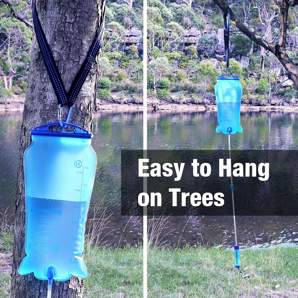 Portable Gravity-Fed Water Filter with 3L Bag | Gravity Water Purifier with Tree Strap, BPA Free Survival Gear and