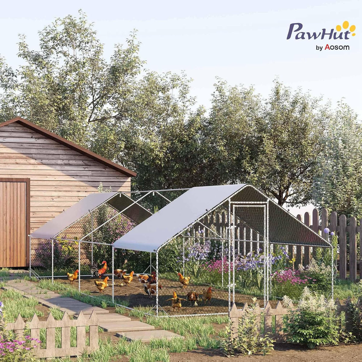 Large Chicken Coop Metal Chicken Run with Waterproof and Anti-UV Cover, Spire Shaped Walk in Fence Cage Hen House for