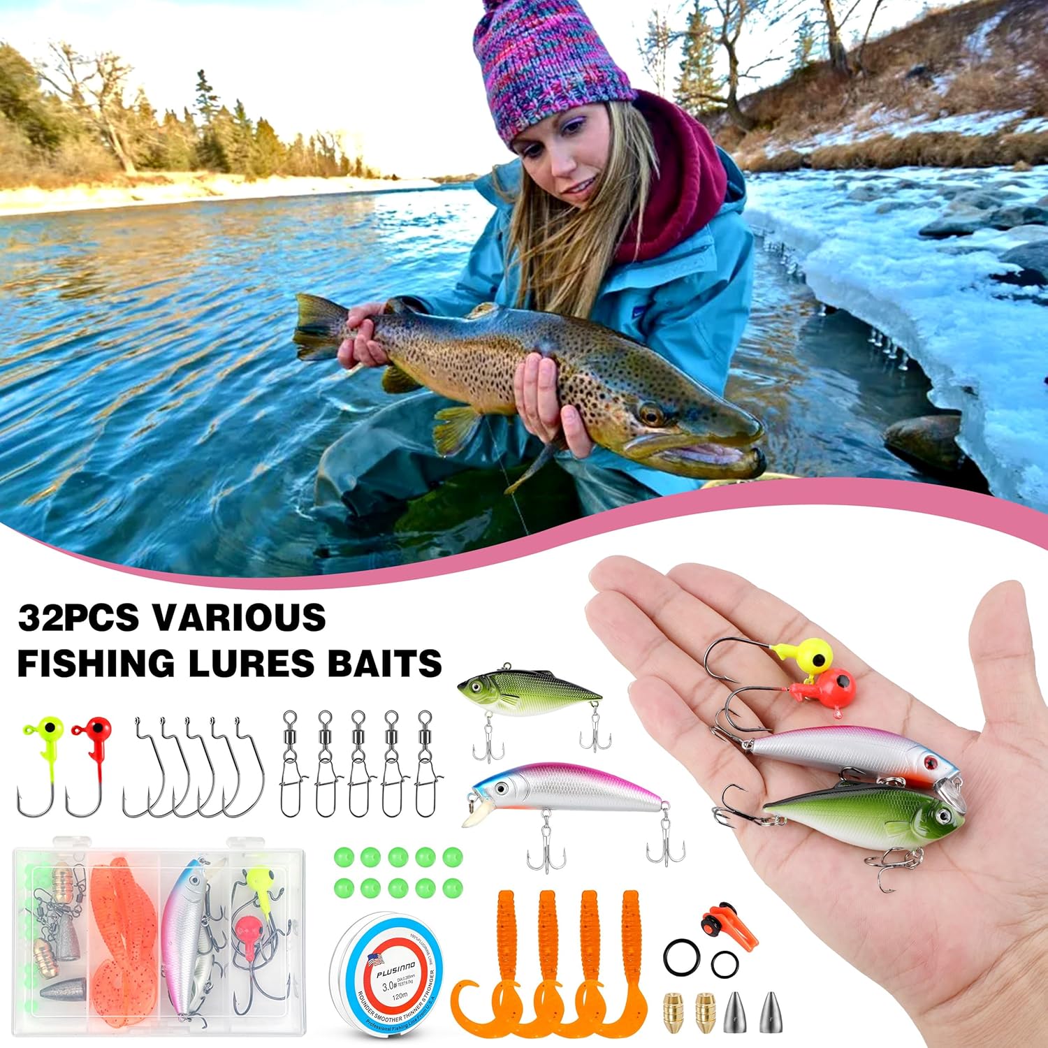 Fishing Rod and Reel Combos, Fishing Gear Gifts for Women with Spinning Reel, Lures, Line, Pink Ladies Telescopic