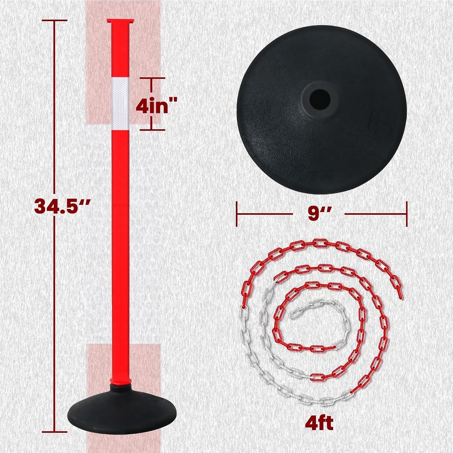 Traffic Delineator Post with Weighted Base & Reflective Collars, Adjustable Parking Cones with 4 FT Chains, Portable