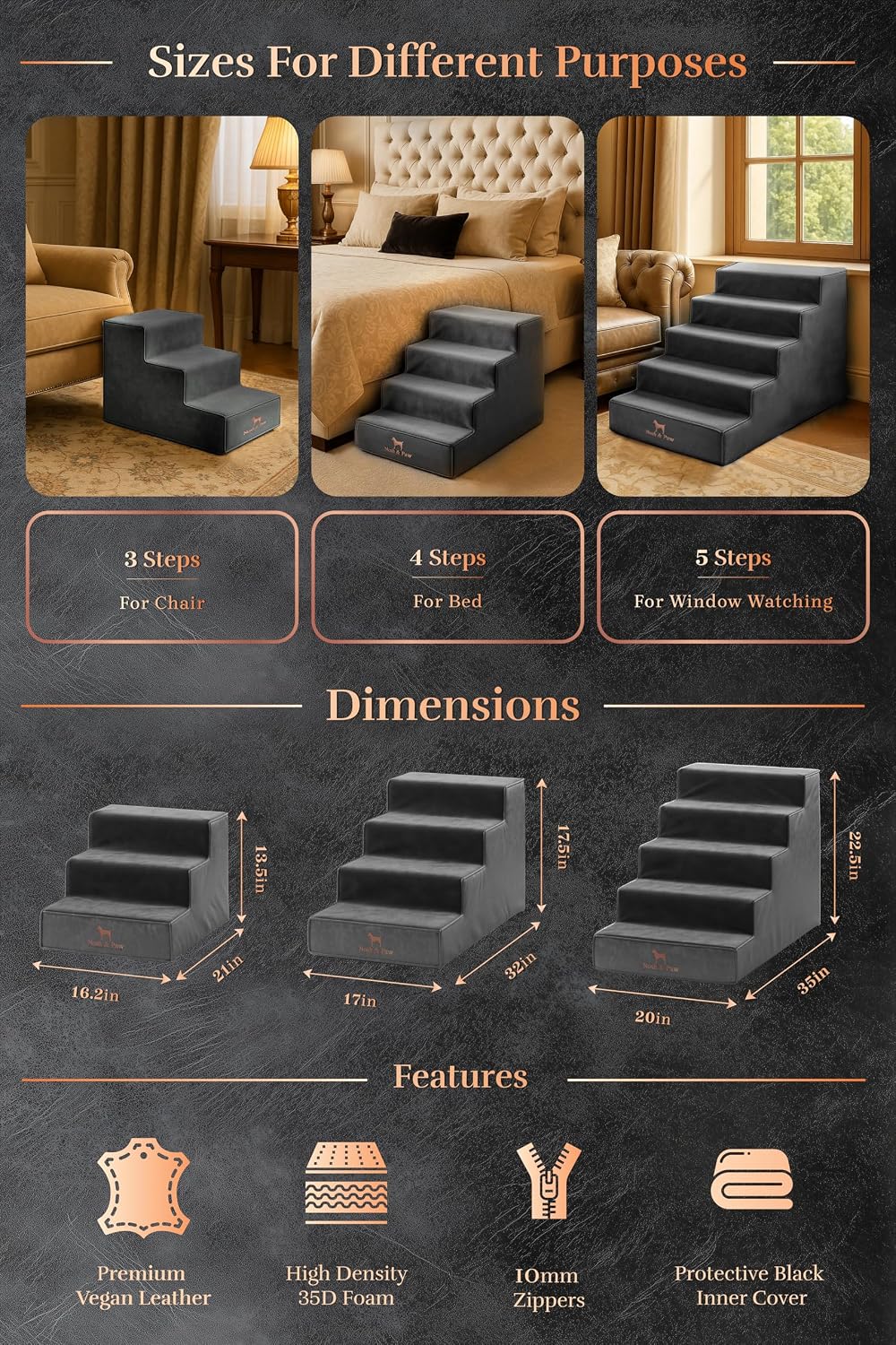 Dog Stairs for Large Dogs, Up to 150lb, Wide Dog Ramp for Bed