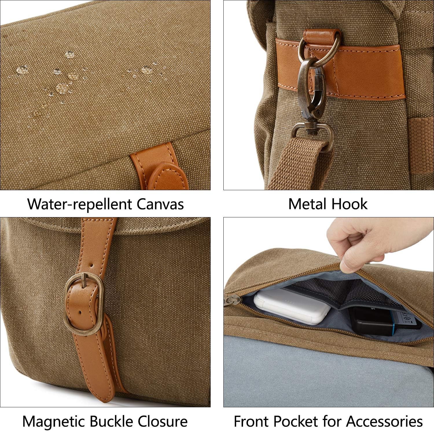 Canvas Crossbody Camera Bag with Rain Cover for Women Men, Khaki | SLR DSLR Camera Case, Compact Camera Shoulder Bag
