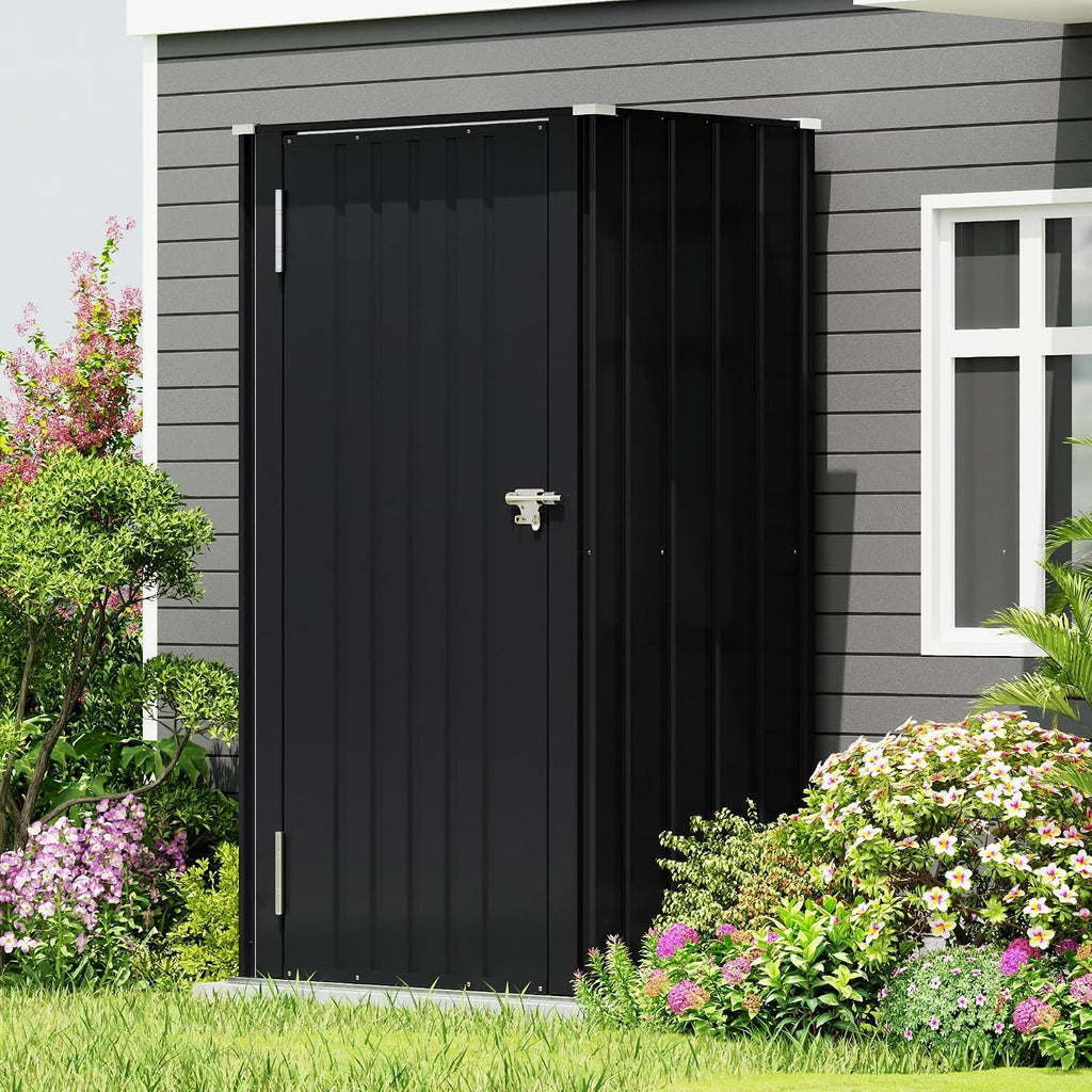 22 Cuft Vertical Storage Shed Without Adjustable Shelves, Black | Metal Tool Garden Outdoor Storage Cabinet with
