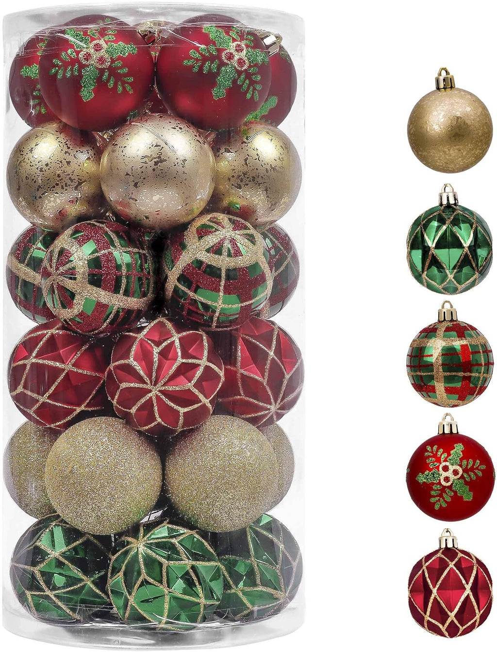 Christmas Ornaments Set, 30ct 2.36 Inches Red Green and Gold Shatterproof Christmas Tree Decorations Ball Ornaments