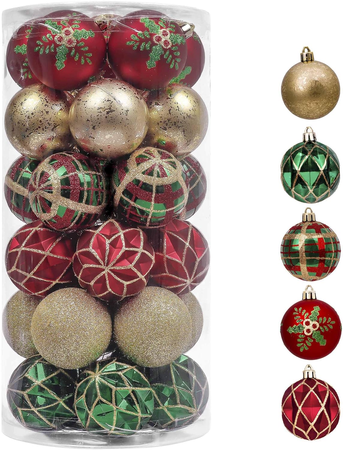 Christmas Ornaments Set, 30ct 2.36 Inches Red Green and Gold Shatterproof Christmas Tree Decorations Ball Ornaments