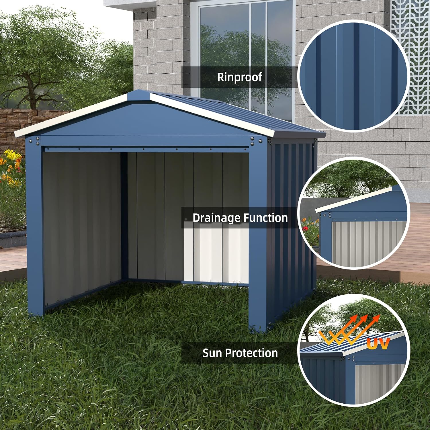 Metal Robot Mower Garage, 3 x 3 FT, Blue | Open-front steel shelter for robotic mowers; 33.07"D x 33.14"W x 24"H