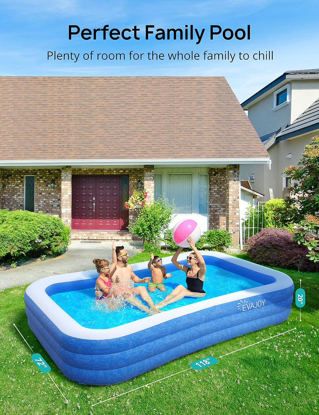 Inflatable Pool, EVAJOY 118'' x 72'' x 20'' Above Ground Pool, Kiddie Pool Large Size Thickened Blow Up Swimming
