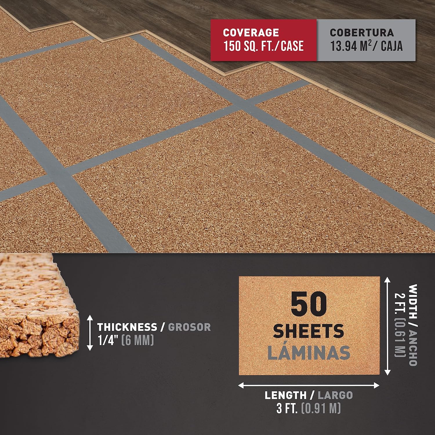 70-175 Natural Cork Underlayment Sheets - 2 ft. Wide x 3 ft. Long x 6 mm Thick - 300 sq. ft. (50 sheets/pack)