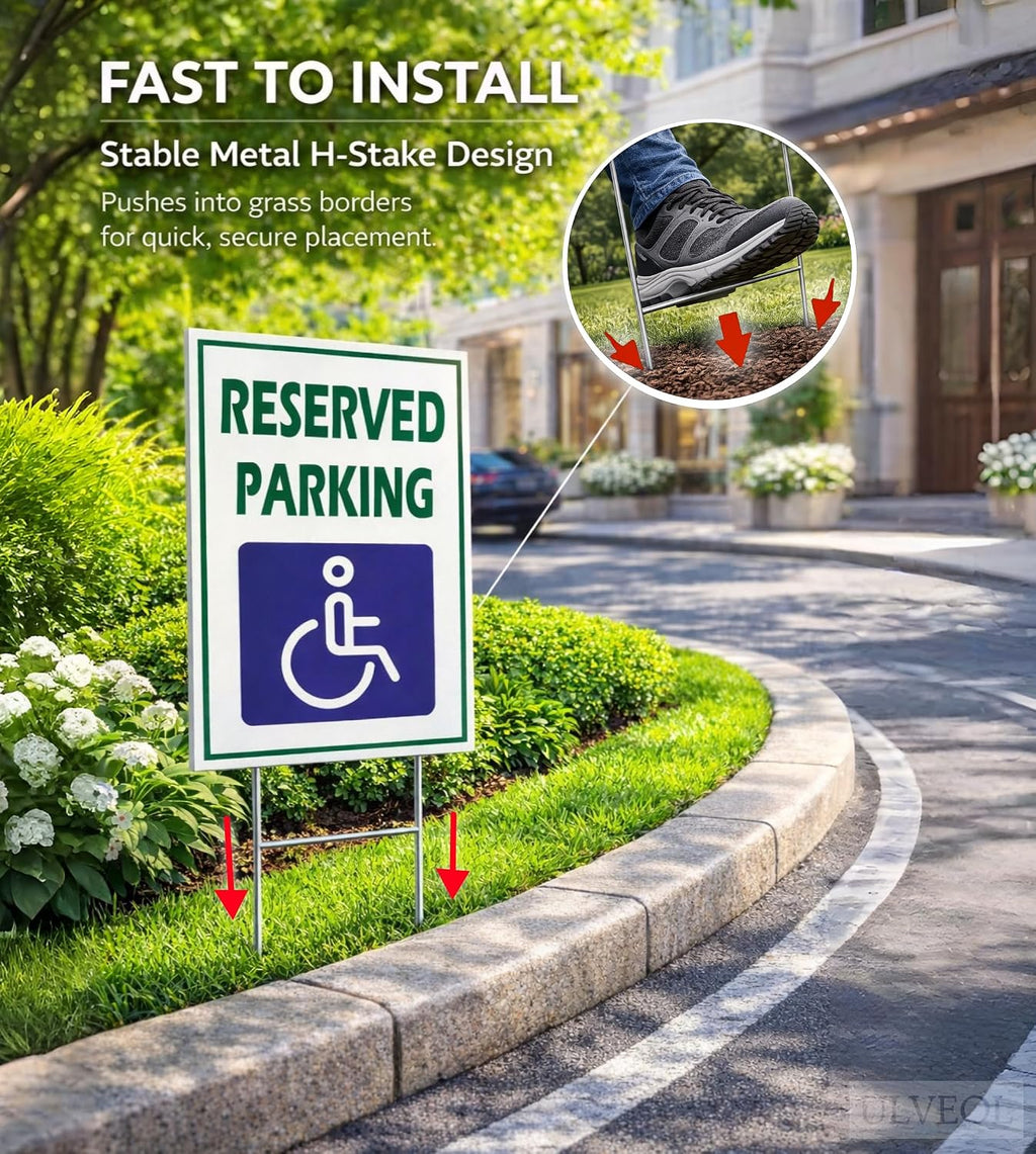 Pack of 3 Reserved Parking Double Sided Sign 12x8 inch with Metal H-Shaped Stakes - Handicap Parking Signs with