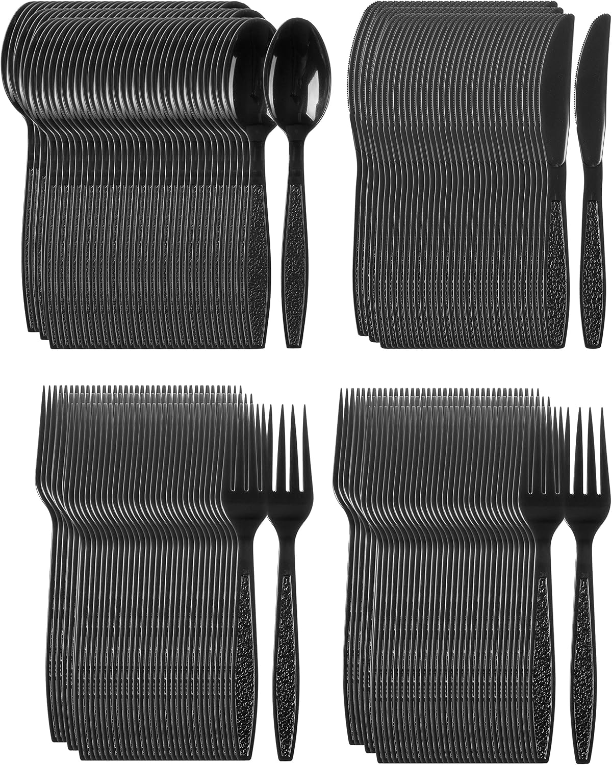 Heavy Weight Plastic Silverware Set - 200 Forks, 100 Knives, 100 Spoons - Disposable Cutlery Combo (Black)