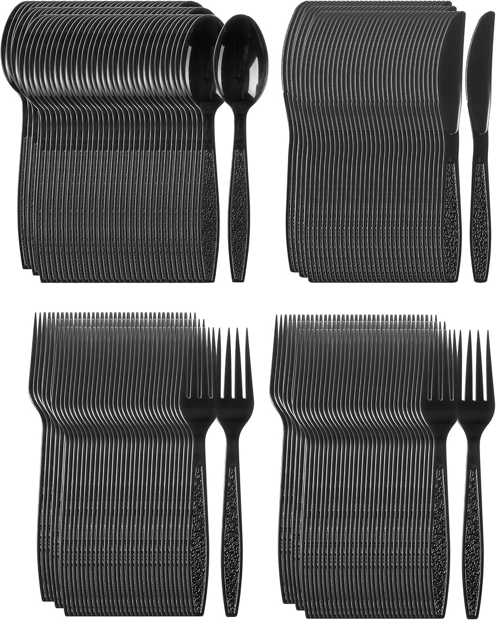 Heavy Weight Plastic Silverware Set - 200 Forks, 100 Knives, 100 Spoons - Disposable Cutlery Combo (Black)
