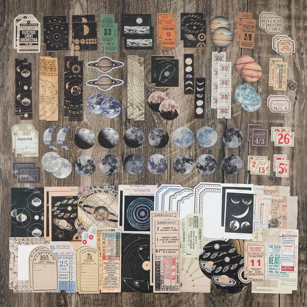 Vintage Scrapbook Supplies Pack (200 Pieces) for Witchy Junk Journal Bullet Journals Planners Space Moon Paper