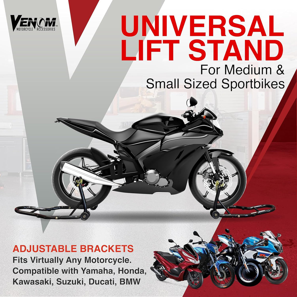 Motorcycle Stand Lift, Front & Rear Combo, Universal Paddock Lift Stand, Front Wheel Fork Stand Rear Wheel Swingarm