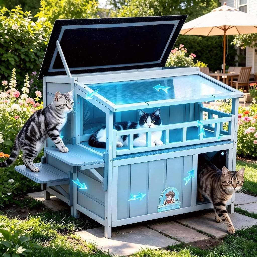 2-Story Insulated Outdoor Cat House with Balcony Weatherproof Summer Cool Cat Shelter with 0.2-inch Insulation Layer