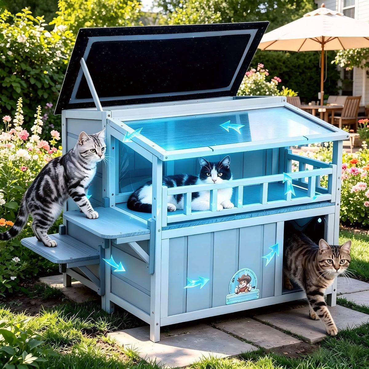 2-Story Insulated Outdoor Cat House with Balcony Weatherproof Summer Cool Cat Shelter with 0.2-inch Insulation Layer