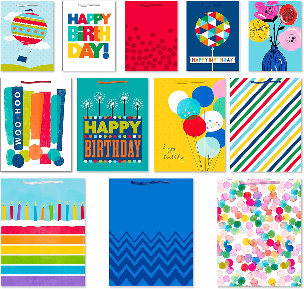 Gift Bag Assortment, 12-Pack, 3 Sizes (Birthday, Stripes, Dots)