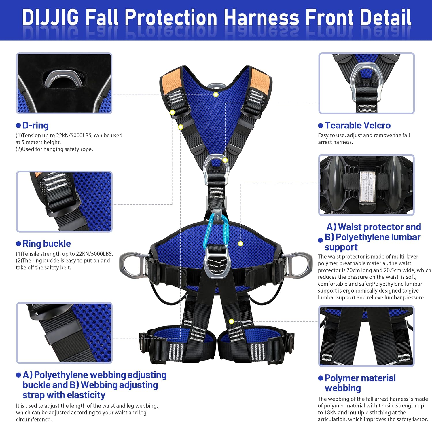 Fall Protection Safety Harness OSHA/ANSI Full Body Climbing Harness | 5-point adjustment, aluminum O-rings, 8 in.