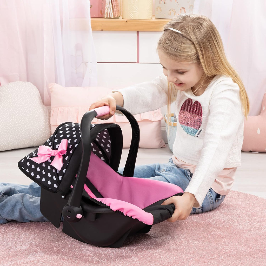 Design Dolls: Deluxe Car Seat: Hearts Black & Pink - Pretend Play Accessory for Dolls/Plushes Up to 18", Ages 3+, Large