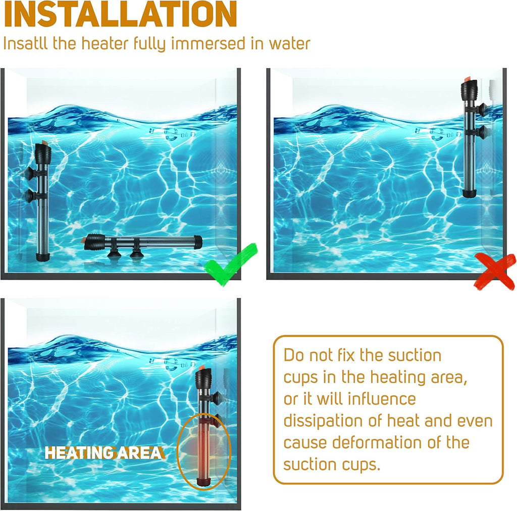 Submersible Aquarium Heater, Adjustable Fish Tahk Heater with Free Thermometer Suitable for Marine Saltwater and