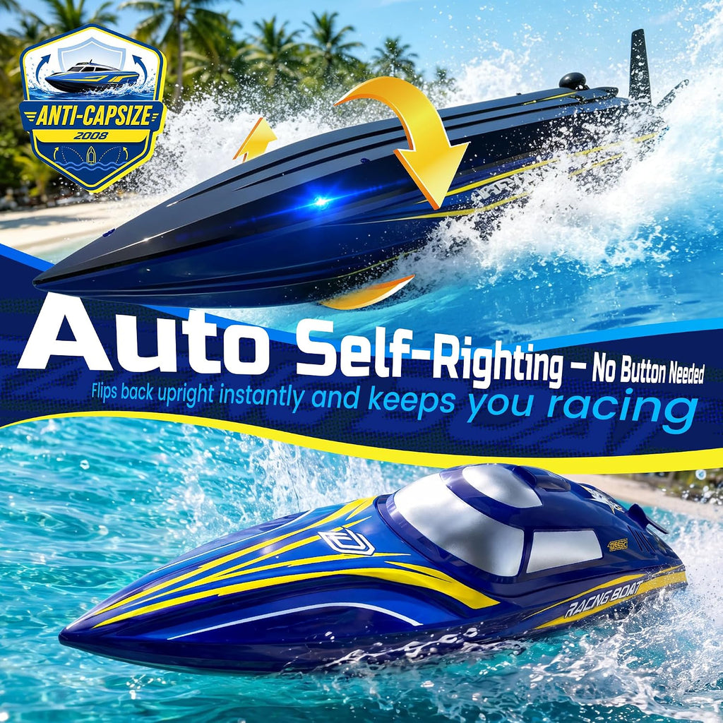 14" Fast RC Boat for Kids & Adults, Auto Self-Righting, 20+MPH | Upgraded Remote Control Speed Boat with 2x1200mAh
