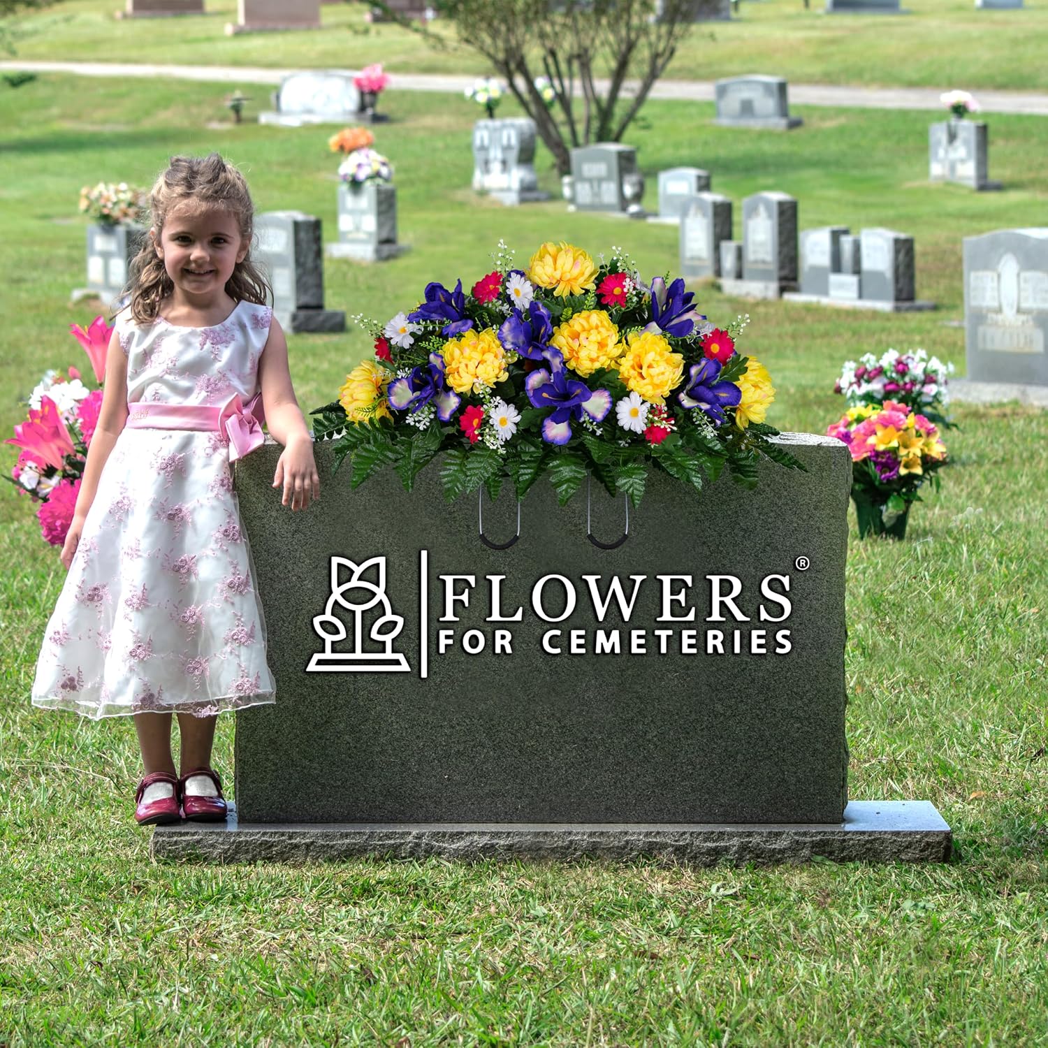 30" Spring Headstone Flowers Saddle - Purple Iris, Yellow Mum, Daisies - Grave Flowers - Mother's Day Spring Flowers