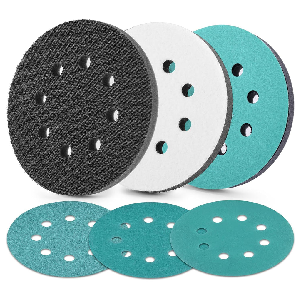 5 Inch Orbital Sander Interface Pads and Sanding Discs | 3 Foam Buffer Pads & 3 Grit Sandpaper (80/120/240), 8-Hole