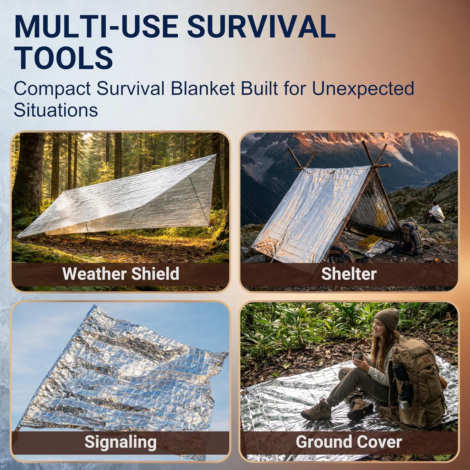 Emergency Blankets, 10 Pack Mylar Thermal Space Blankets | 82 x 64 in silver foil reflective blankets for survival