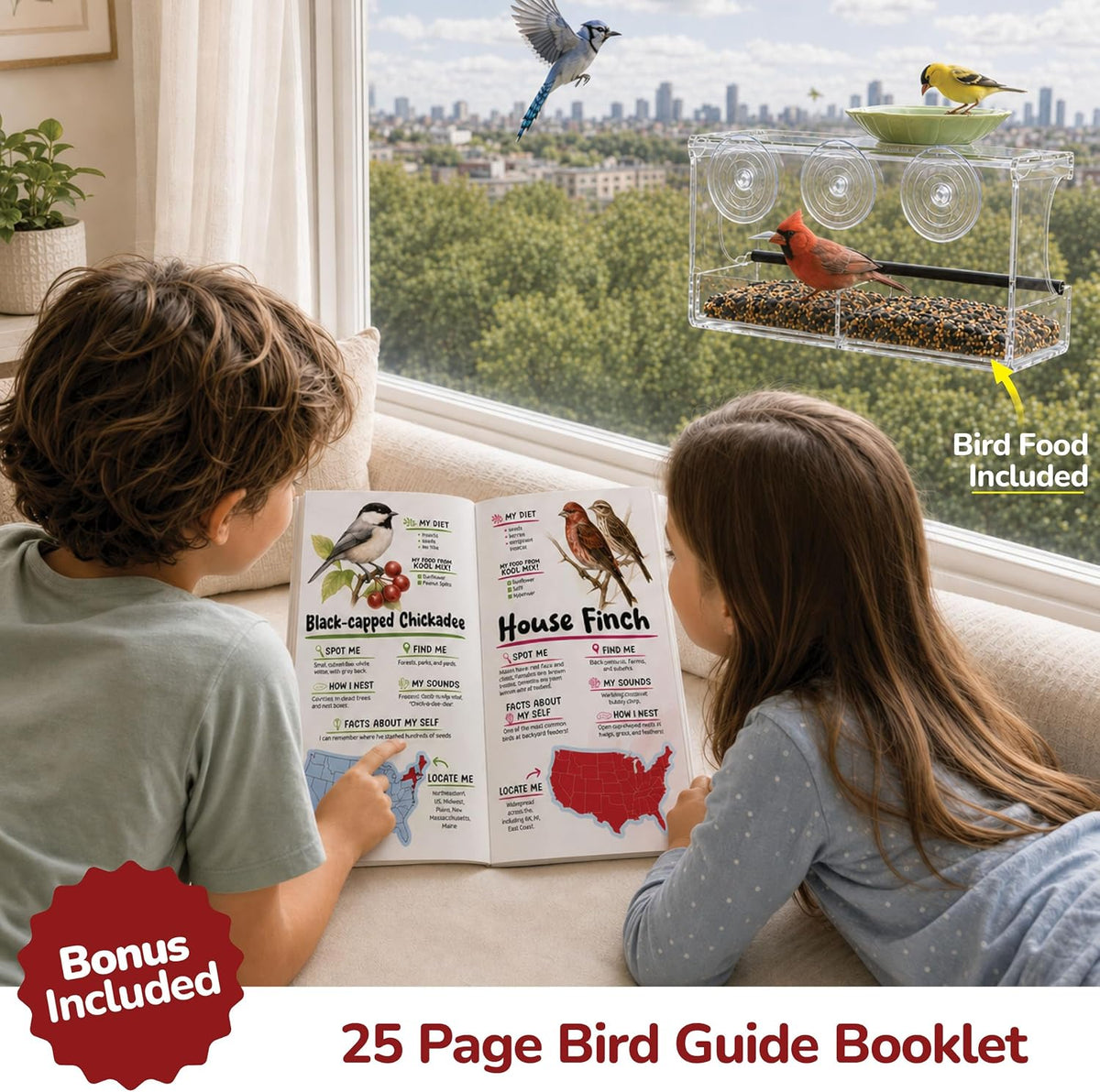Window Bird Feeder Kit for Kids & Families – Includes 1 lb USA Made Bird Food, 24-Page Educational Bird Guide