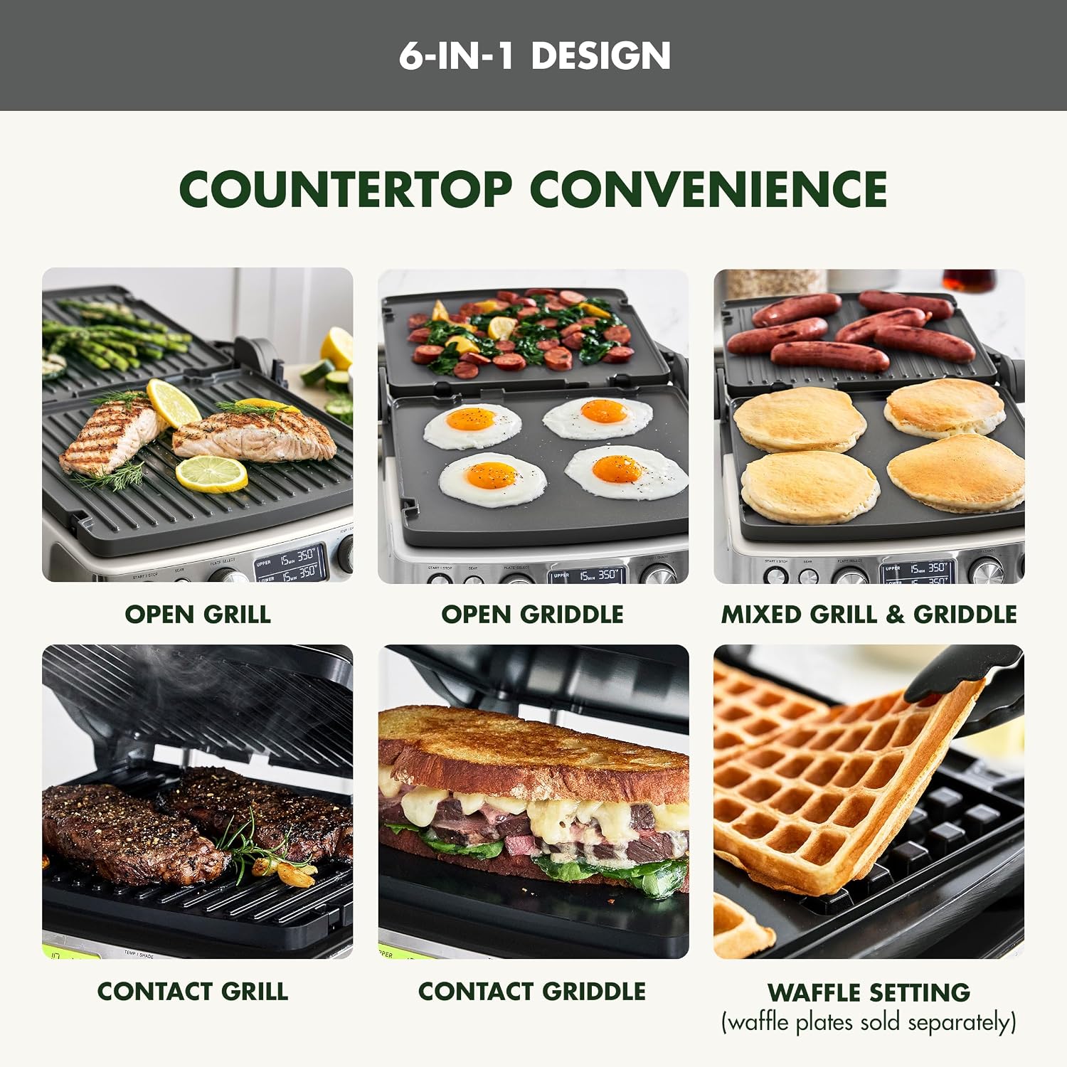 Elite 6-in-1 Multi-Function Contact Grill & Griddle, Healthy Ceramic Nonstick Reversible Plates, Adjustable Shade &