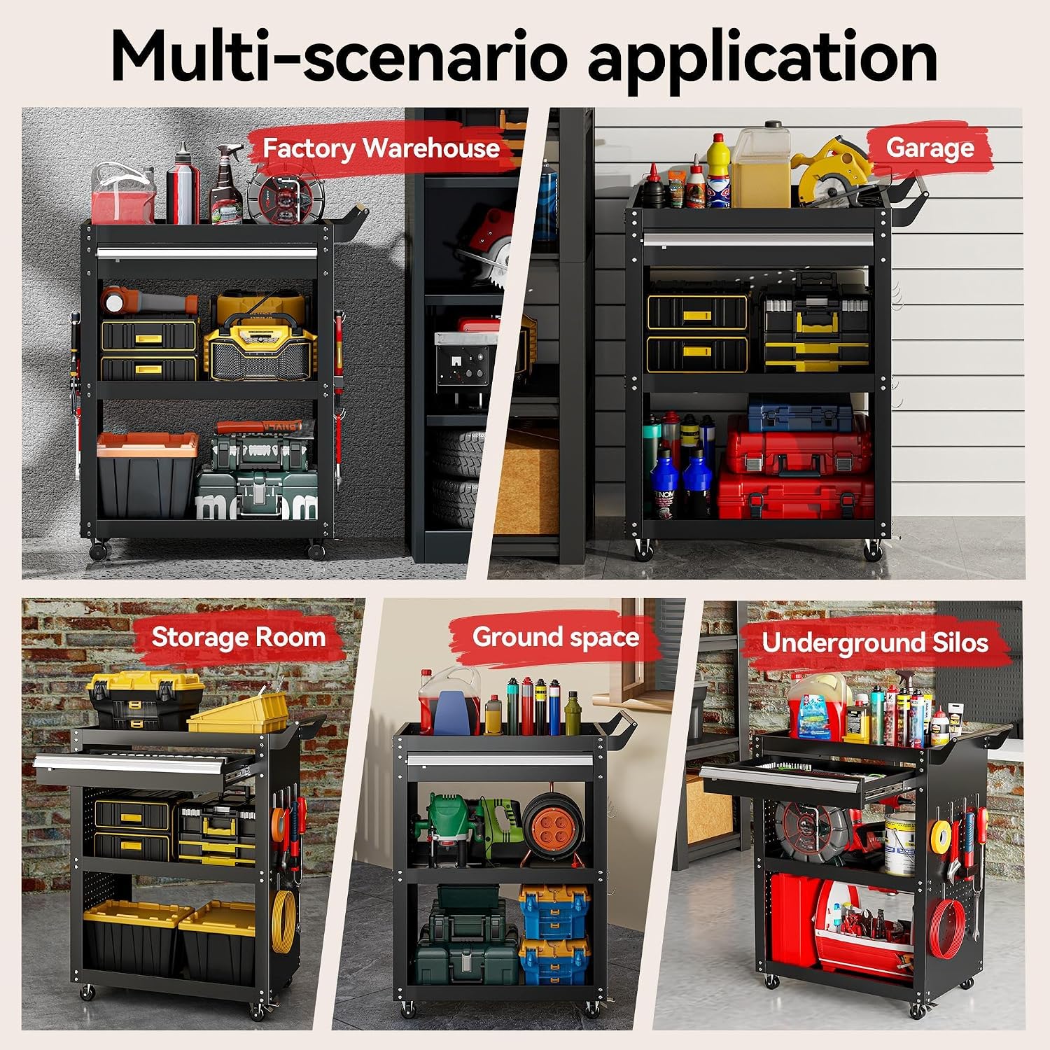 3-Tier Rolling Tool Cart with Drawer & Pegboard | 750LBS Load Capacity, Black Steel Rolling Tool Cart ,Mobile Utility