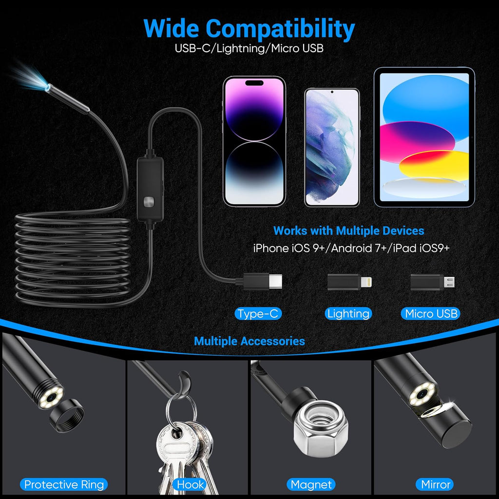 Endoscope Camera with Light,1920P HD Borescope with 8 Adjustable LED Lights